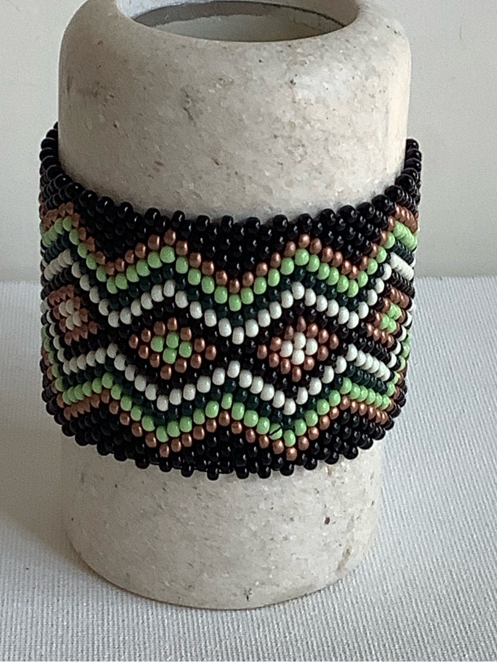 Black Beaded Cuff Bracelet with Green and Copper Accents
